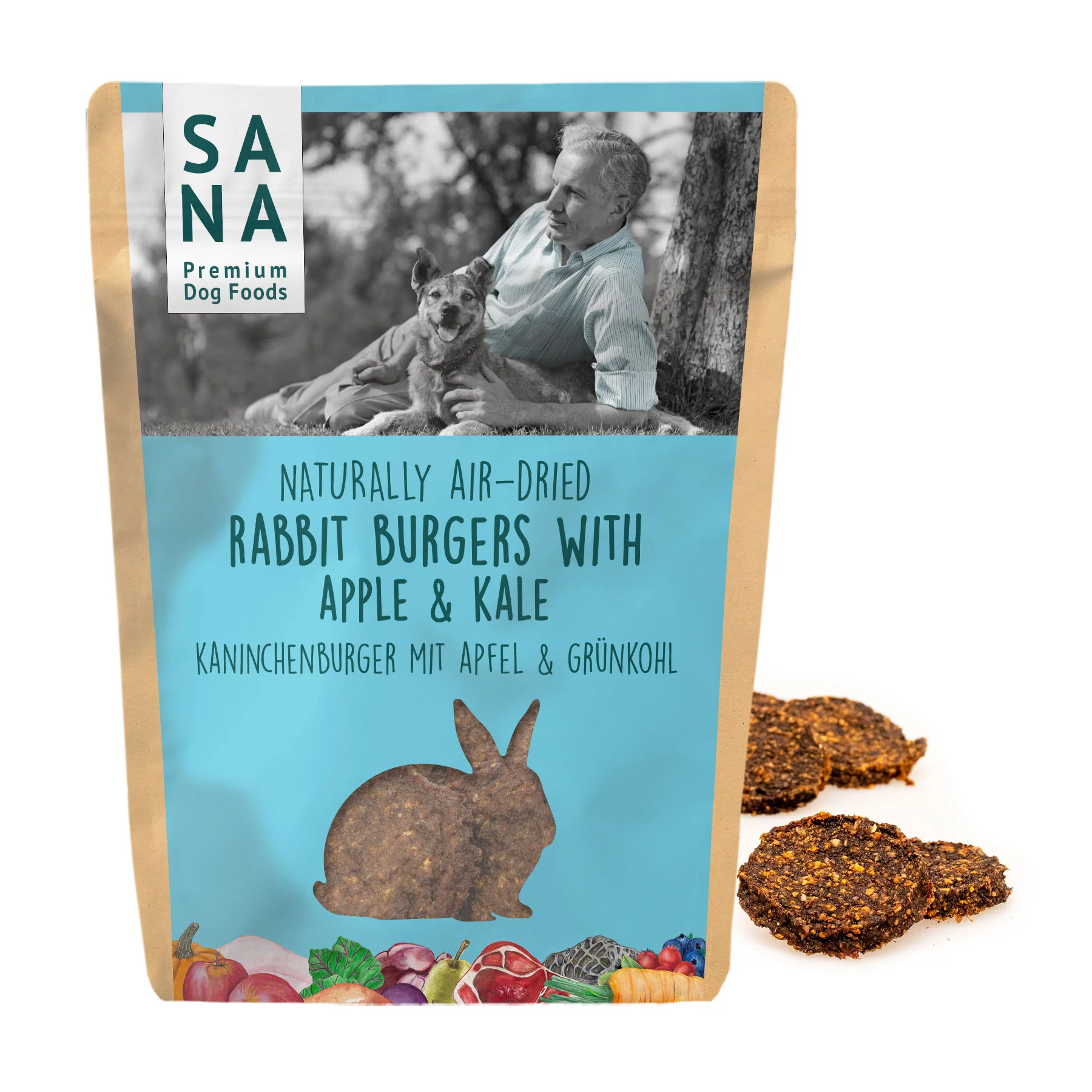 burger-nyúl-alma-k.káposzta-sanadog-01 Nyúlhús Burgers almával & káposztával tréning- és jutalomfalat, 100g (SANADOG) - Image 1