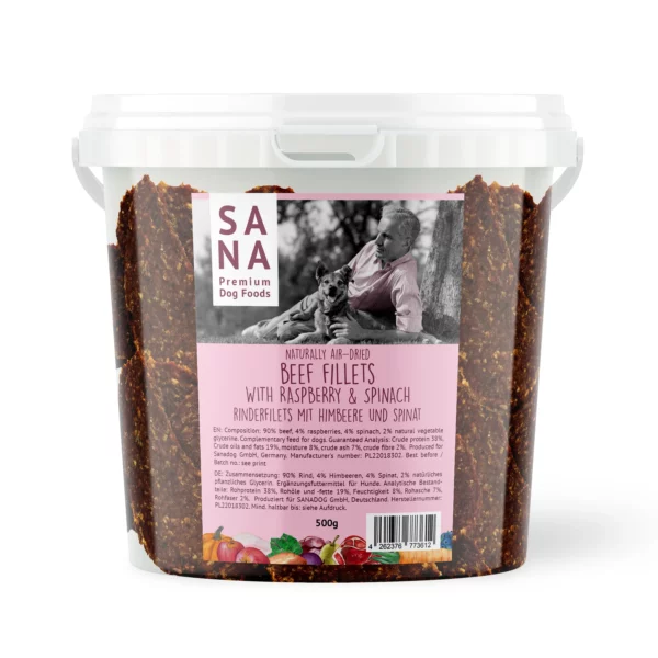 Marhahús "filé" málnával & spenóttal jutalom, 500g (SANADOG) - Image 1